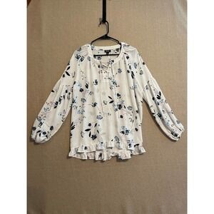 a.n.a. Shirt Women's Small White with Blue Flowers Sheer Balloon Sleeve Flowy